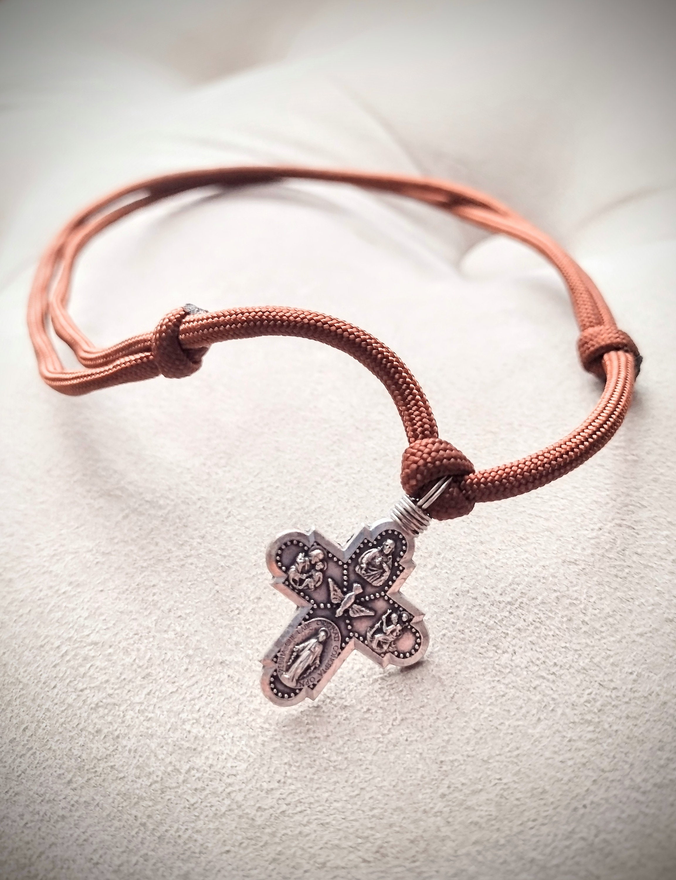 Unbreakable Necklace 4 way Cross Medal Chocolate Brown 3 Knot Paracord Etsy