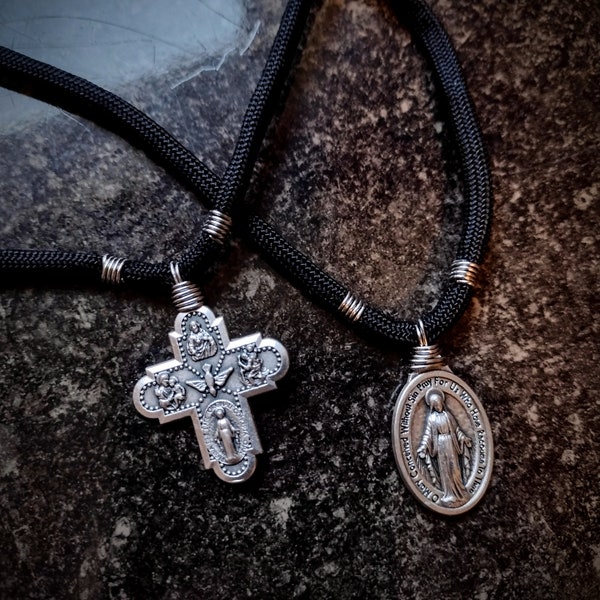 The Necklace that Won't Break - 4-Way Cross - Miraculous Medal - 2 Knot Black Paracord