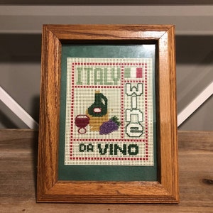 Vintage Italy Vino Cross Stitch - Wood Framed Wall Hanging + Easel Back - Retro Italian Kitchen + Bar Decor - Italian Restaurant Wall Decor