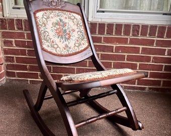Vintage Edwardian Mahogany Folding Rocking Chair with Tapestry Upholstery 1910s 1920s Victorian Decor