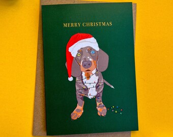 Dachshund Christmas Card, Festive Sausage Dog Art
