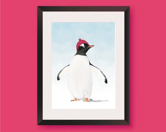 Penguin Art Print, Winter Hat Animal Illustration (A4)