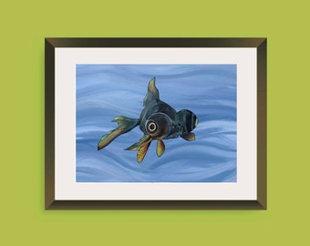 Black Moor Goldfish Art Print, Quirky Aquarium Wall Decor (A5)