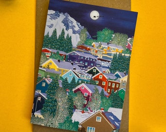 A6 Snowy Scandinavia Christmas Card / Festive Village / Winter Illustration / Snow Scene / Norway Art Print / Tromsø Art Print / Travel Art