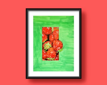 Original Strawberry Gouache Painting, A5 Fruit Art