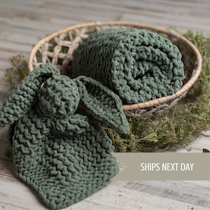 Handmade baby blanket, chunky knit, ready to ship optional Lovey Bunny- Smokey Green