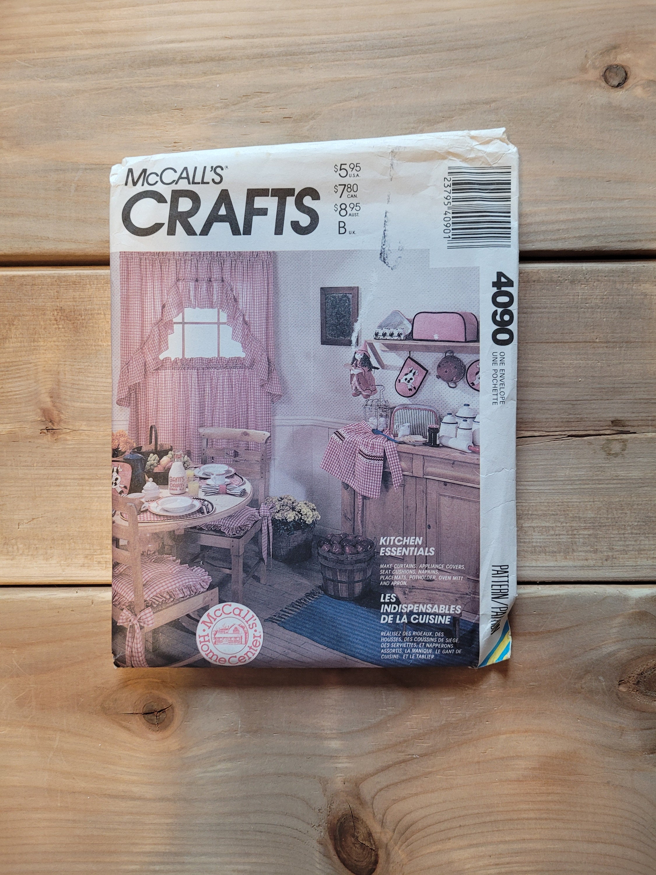Mccall's Crafts 4090 Kitchen Essentials Appliance Covers Window Cutains  Apron Pot Holders Chair Pads Sewing Pattern UNCUT 