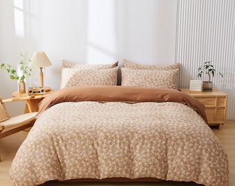 Duvet Cover Set - Vintage Floral Cotton 4pcs | Boho Chic Bedding, Soft & Cozy, Home Decor, Queen Size