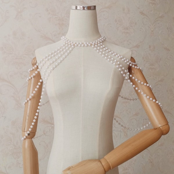 Handmade pearl body Chain,bridal body jewelry,Pearl Body Chain Bra,Shoulder Necklaces Bra, pearl cape, bikini jewelry