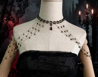 Schwarz Gothic Perlenkette, viktorianischen Hochzeit Braut Körperschmuck, Perlen Schulter Kette