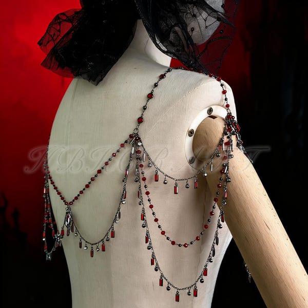 Gothic Ruby Red Beaded Shoulder Chain: Victorian Bridal Body Jewelry