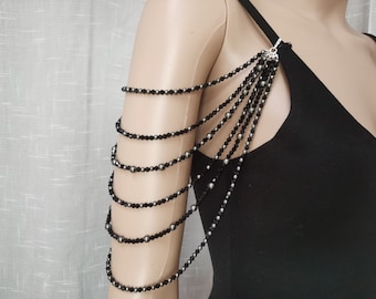 Detachable wedding sleeves,arm jewelry,Detachable straps,crystal pearl shoulder chain,black pearl.boho bridal accessories