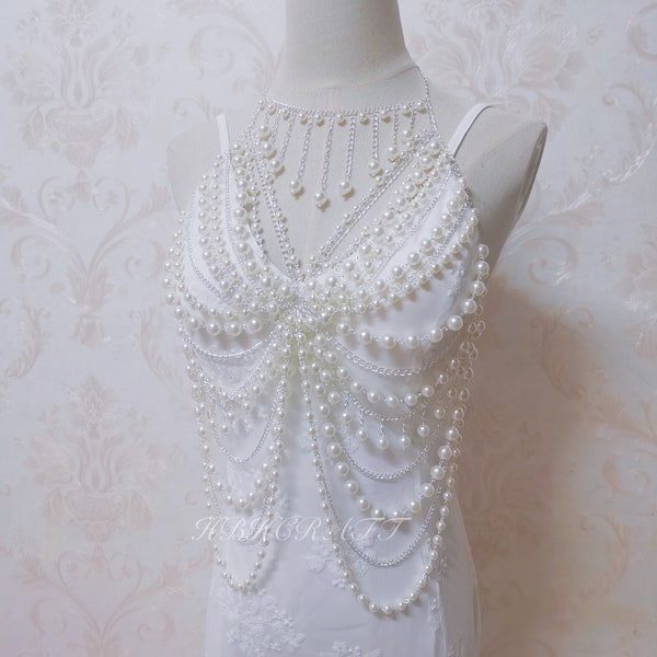 Handmade pearl body Chain,bridal body jewelry,Pearl Body Chain Bra,Shoulder Necklaces Bra, pearl cape, bikini jewelry,wedding jewelry