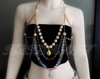 Cadena corporal de perlas hecha a mano, joyería corporal nupcial, sujetador de cadena corporal de perlas, sujetador con collares de hombro, capa de perlas, joyería de bikini, joyería de boda