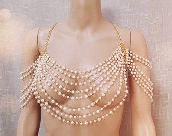 Chaîne de corps en perles, bijoux de corps de mariée, soutien-gorge de chaîne de corps de perles, soutien-gorge de colliers d'épaule, bijoux de corps de chaîne, cape de mariée, cape de perle