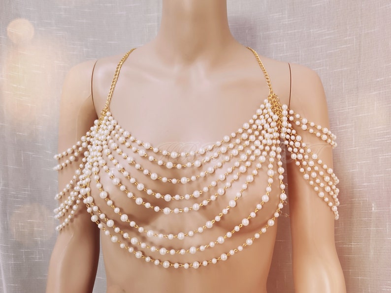 Chaîne de corps en perles, bijoux de corps de mariée, soutien-gorge de chaîne de corps de perles, soutien-gorge de colliers d'épaule, bijoux de corps de chaîne, cape de mariée, cape de perle image 1