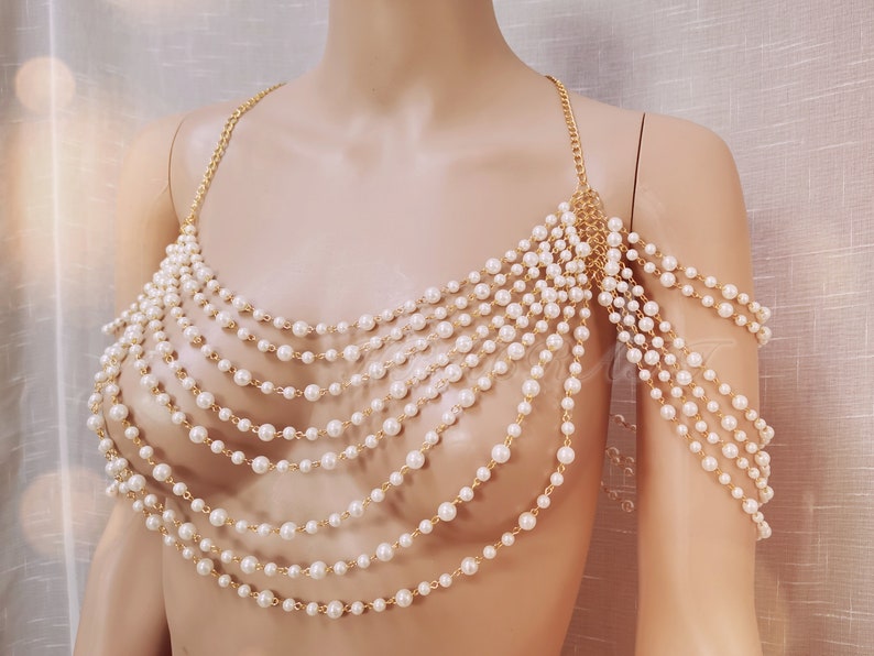 Chaîne de corps en perles, bijoux de corps de mariée, soutien-gorge de chaîne de corps de perles, soutien-gorge de colliers d'épaule, bijoux de corps de chaîne, cape de mariée, cape de perle image 3