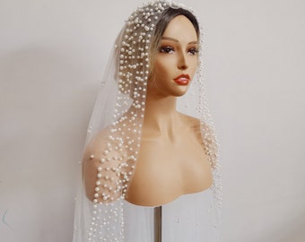 Vintage veil,Pearl veil,wedding veil,bridal veil,white veil,Soft Veil,ivory bridal Fingertip Floor Chapel Cathedral length veil with Pearls