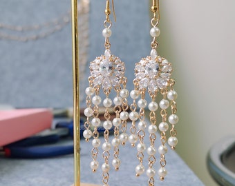 Pearl Tassel Earrings,Rhinestone Tassel Earrings,pearl beaded,Pearl Tassel drop,bead Tassel Earrings,Crystal bridal earrings