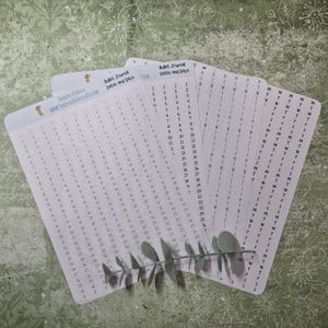May include: A set of white bullet journal stickers with grey-printed dates and days. The stickers have rounded corners and feature the text "Bullet Journal Dates and Days" and "tedra stickers www.tindrastickers.etsy.com". A sprig of eucalyptus is placed on the stickers.