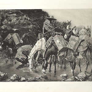 Original Photogravure from Picturesque California by Fred&#39;K Remington - &quot;Mule Train Crossing the Sierras&quot;