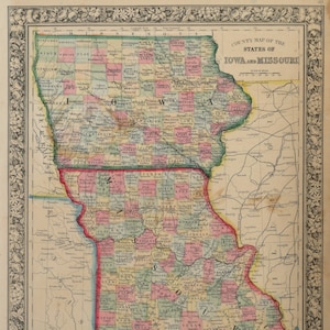 Landkarte aus Mitchell's New General Atlas – Iowa und Missouri 1860