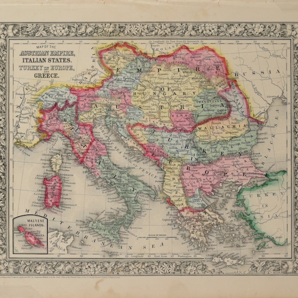 Original Map from Mitchell's New General Atlas - Austrian Empire, Italian States, Turkey in Europe, and Greece 1860