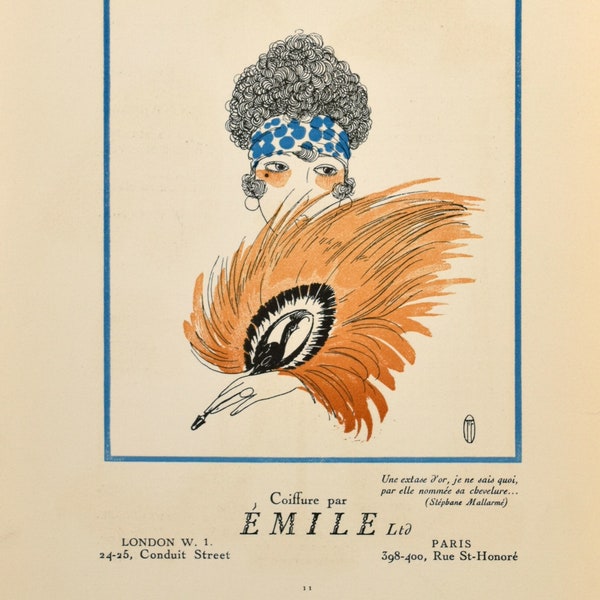 Gazette du Bon Ton Original Pochoir Print from 1920 - Two Sided Advertisement "Coiffure par Émile Ltd" and Contents Page Vol. 1