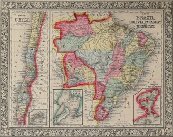 Original Map from Mitchell&#39;s New General Atlas - Brazil, Bolivia, Paraguay, and Uruguay 1860