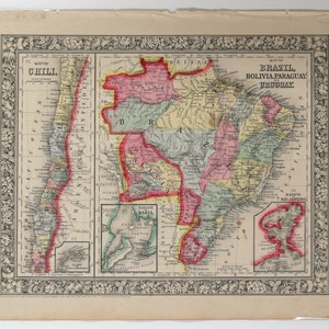 Landkarte aus Mitchell's New General Atlas - Brasilien, Bolivien, Paraguay und Uruguay 1860