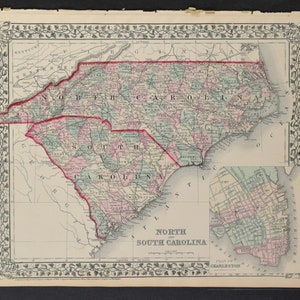 Landkarte aus Mitchell's New General Atlas - North and South Carolina 1876