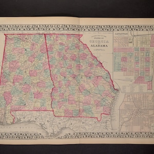 Originalkarte aus Mitchells New General Atlas – Georgia und Alabama 1876, zweiseitig