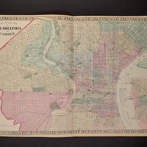 Originalkarte aus Mitchells New General Atlas – Plan der Stadt Philadelphia und Camden 1876, zweiseitig