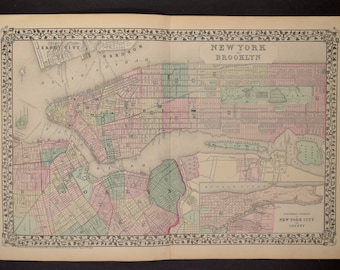 Original Map from Mitchell&#39;s New General Atlas - New York and Brooklyn 1876 Two Page Spread