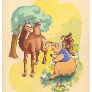 Original Watercolor Children&#39;s Illustration Pig and Camel Early 20th Century