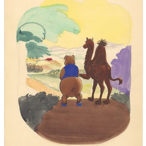 Original Watercolor Children&#39;s Illustration Pig and Camel Early 20th Century