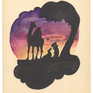 Original Watercolor Children&#39;s Illustration Camel and Tree Early 20th Century