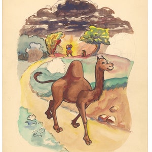 Original Watercolor Children&#39;s Illustration camel Early 20th Century