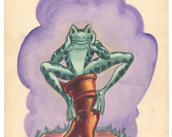 Original Watercolor Children's Illustration frog Early 20th Century