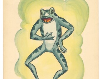 Original Watercolor Children's Illustration Frog Early 20th Century