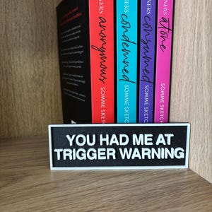 Pode incluir: Uma placa retangular preta com borda branca e o texto branco em relevo "YOU HAD ME AT TRIGGER WARNING" posicionada na frente de quatro livros intitulados "Sinners Anonymous", "Sinners Condemned", "Sinners Consumed" e "Sinners Atone" de Somme Sketch.