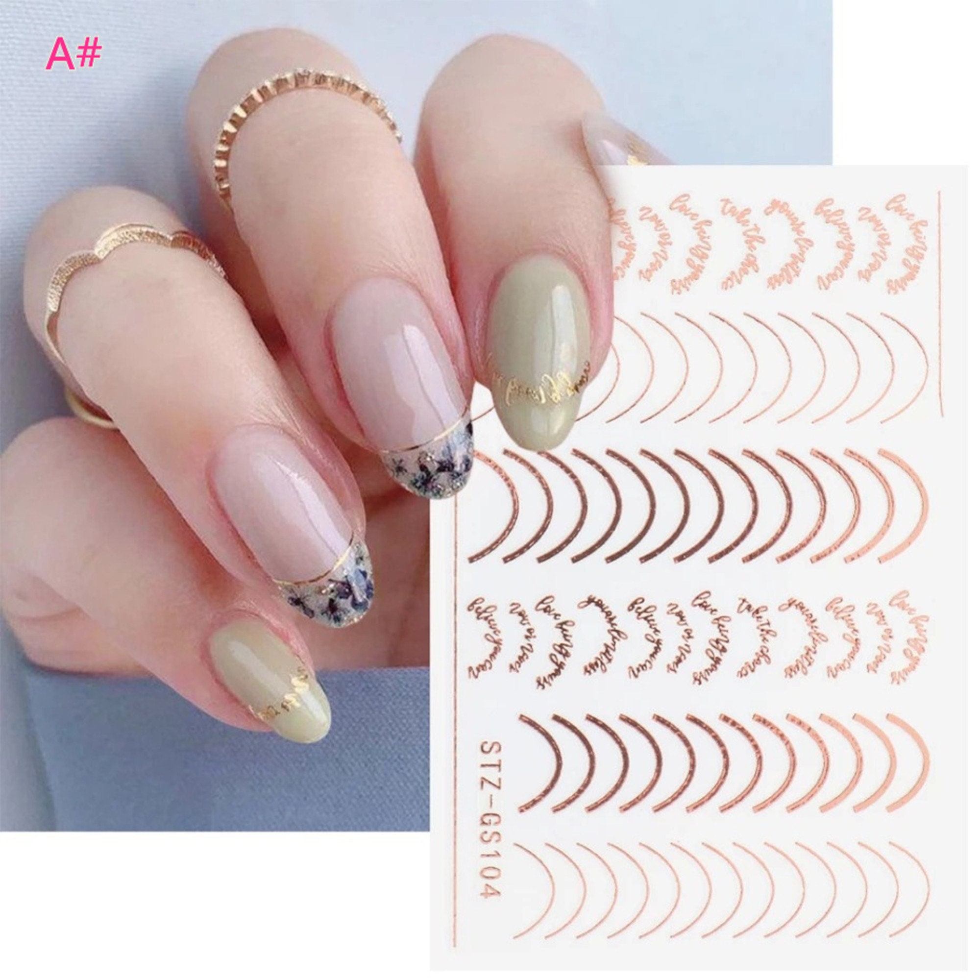 3D Blue Pink Flowers Nail Stickers Geometric Lines Golden Strips Nail Decals  Love Hearts Sliders Polish Wrap Manicure