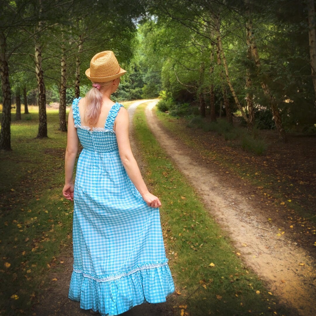 Candi Jones California Blue Gingham Check Vintage Maxi Dress, Eyelet ...
