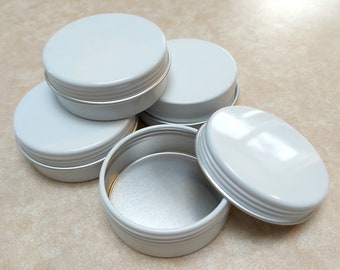 Lot of 36 white round cosmetic aluminium tins containers. For lip balm, perfume, candles. 25ml or 0.85oz