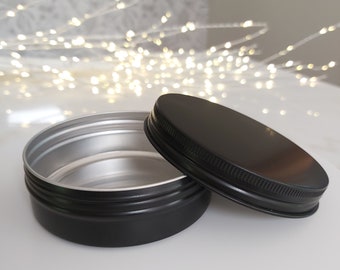 Lot of five 100g/ml 3.38oz large round matte black aluminium tins with screw cap lid for lip balm, perfume, storage, cosmetics, makeup
