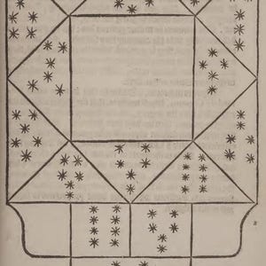 May include: An antique illustration featuring a geometric design with a central square and surrounding triangles. Each section is filled with star-shaped symbols, creating a symmetrical pattern. The artwork is in black and white, with a vintage aesthetic.