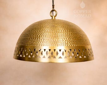 Handmade Moroccan Pendant Light – Hammered Brass Dome with Geometric Detail