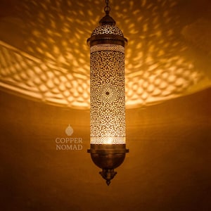 Handmade Moroccan Pendant Light – Tall Cylinder Brass Lantern with Shadow Effect