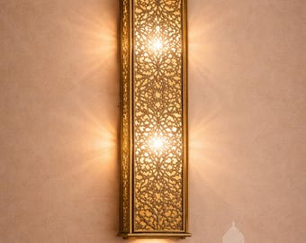 Aplique de pared marroquí hecho a mano – Lámpara de pared rectangular larga de latón