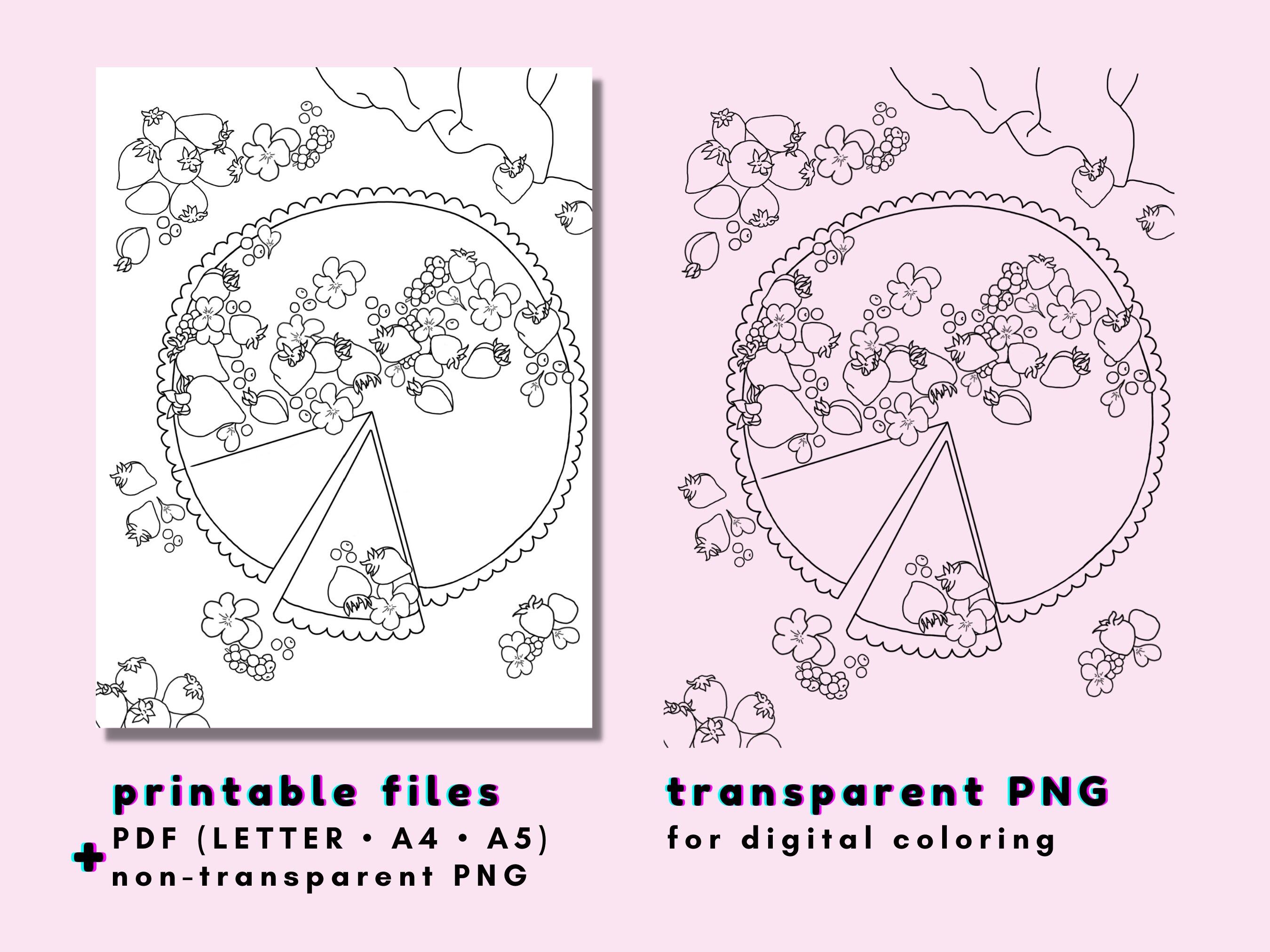 Cake Coloring Page Strawberry Coloring Page Transparent PNG | Etsy